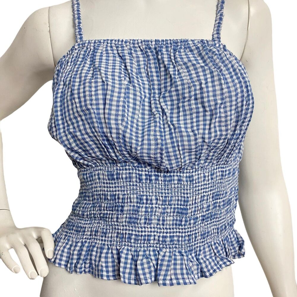 Japna Women's Smocked Ruffle Picnic Plaid Cami Crop Top Blue Size M Y2K Tank - Picture 3 of 5